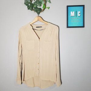 Atmosphere Button Up Tan Long Sleeve HighLow Shirt